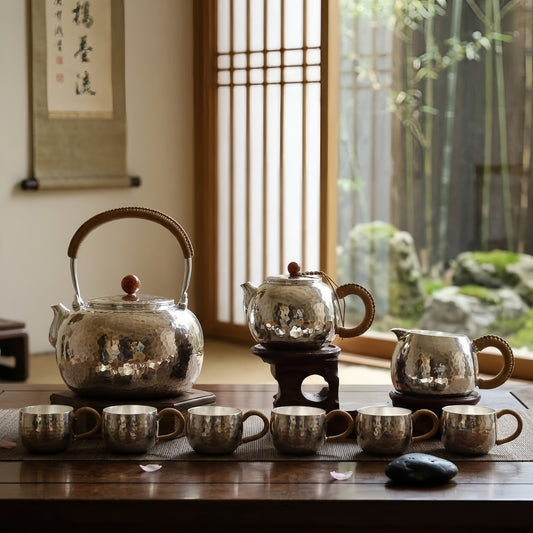 925 Sterling Silver Traditional Artisanal Tea Set with Hammered Metal and Woven Handles - Handicraft