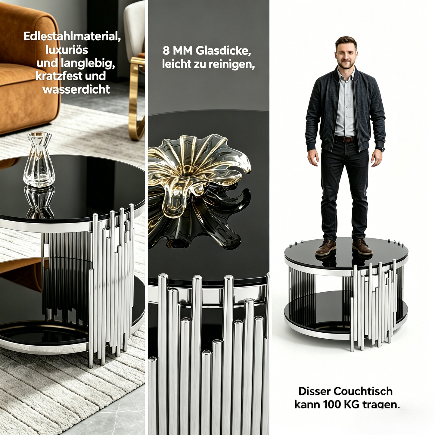 80cm Modern Black Glass Coffee Table,Luxury Living Room Tables With Double Glass Top,Round Cofe Table With Silver Steel Base,Sofa Table Glass Circle Top,Center Table For Living Room Home Office