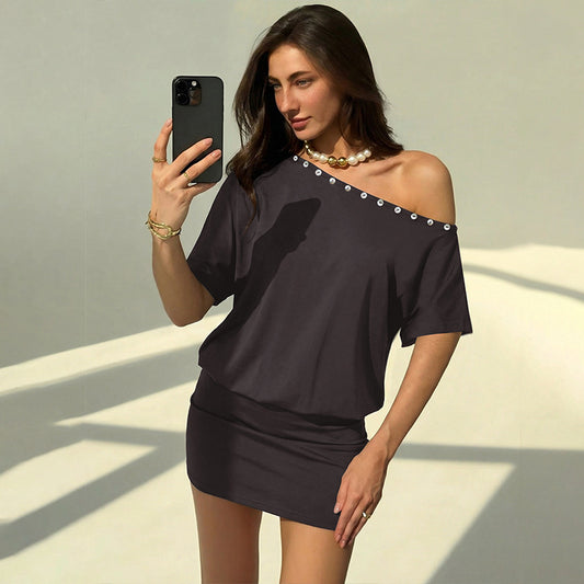 New Shell Button Slash Neck Off Shoulder Slim Fit Body Hugging Street Style Dress