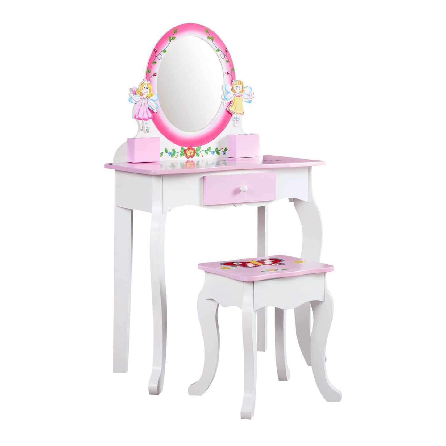 Kids Vanity Set Floral Printed Wooden Makeup Dressing Princess Table With Mirror And Stool For Role Playing Pink