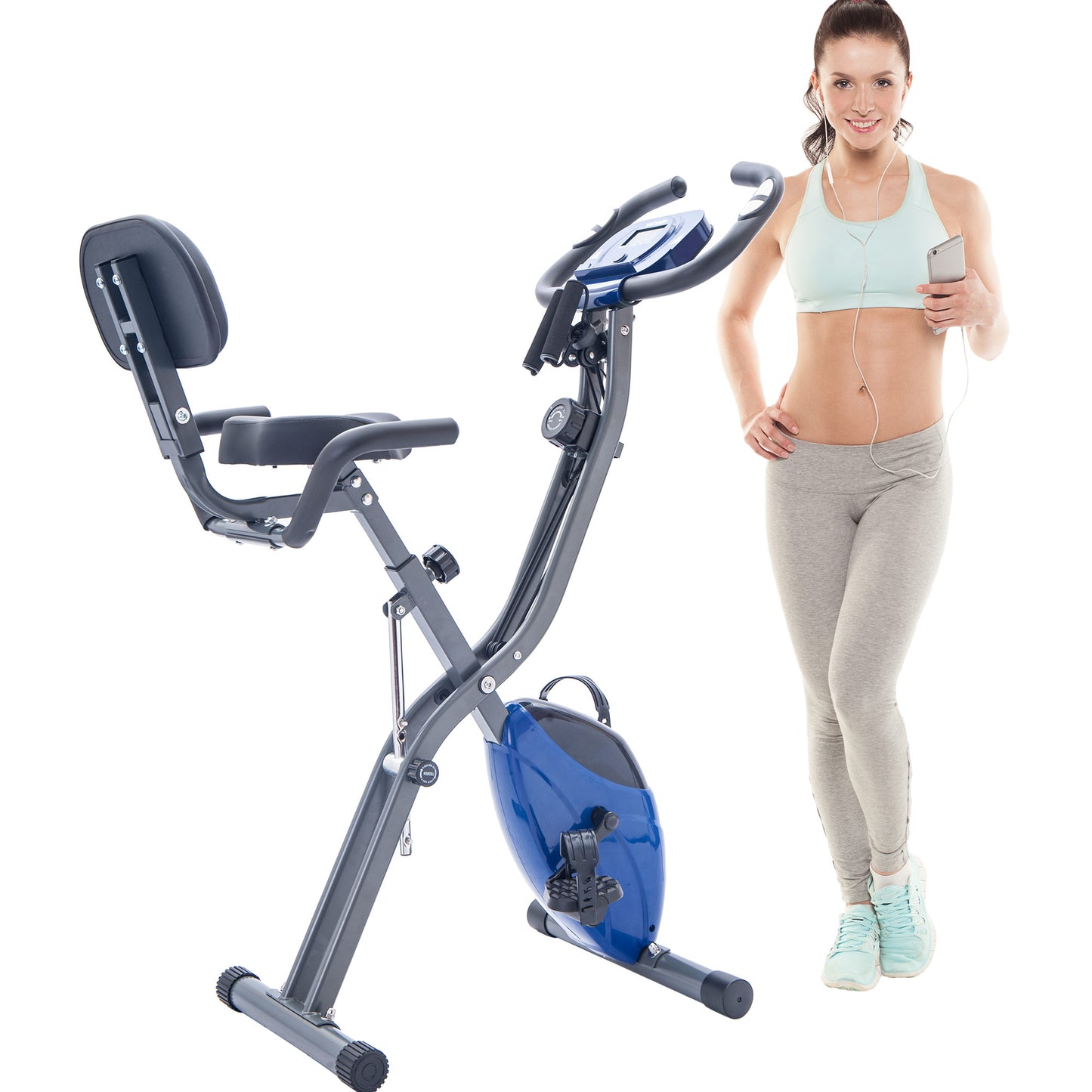 Folding Exercise Bike, Fitness Upright And Recumbent X-Bike With 16-Level Adjustable Resistance, Arm Bands And Backrest
