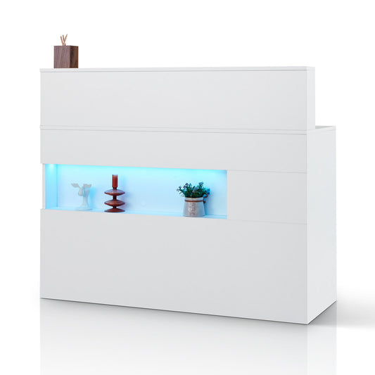 Reception Desk, 47 Inch Rectangular Front Counter Table, Office Reception Desk With LED Light, 2 Drawers And Power Outlets, For Checkout, Lobby, Beauty Salon And Office, White