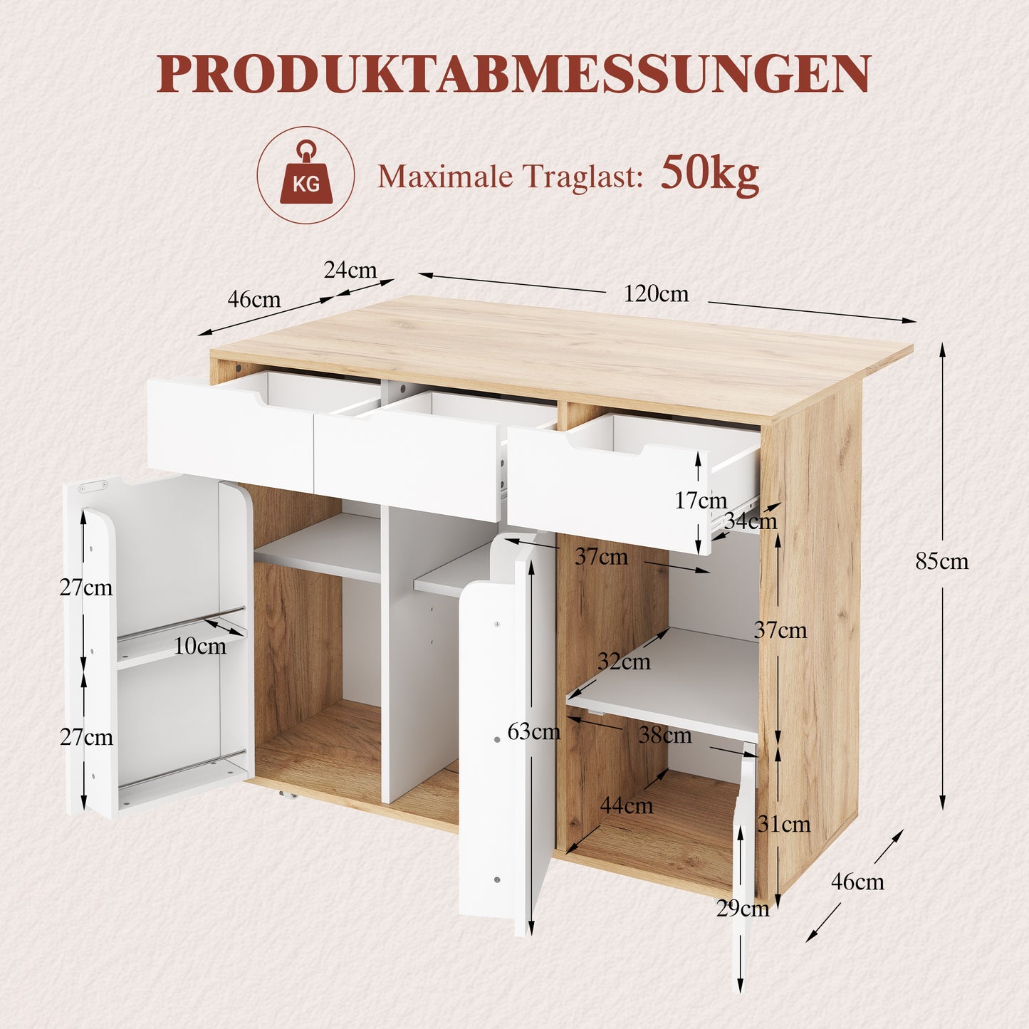 Modern Serving Trolley With 360 Swivel Castors.Intelligent Layout With Drawers, Cupboard Doors And Open Compartments.Flush Handles And Robust Construction   Ideal For Kitchen, Living Room