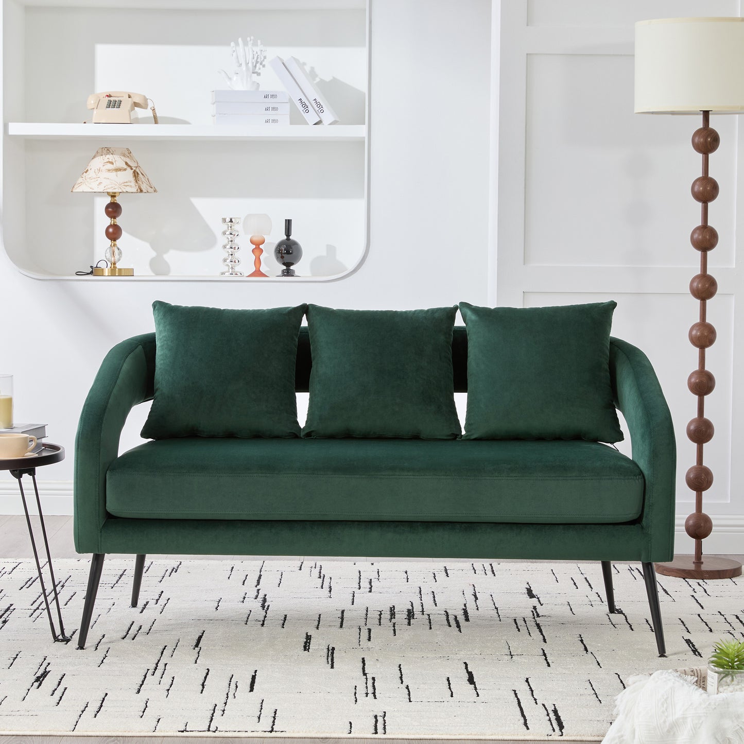 53.7 Modern Upholstered Velvet Open Back Loveseat Settee With 3 Pillows, Small Comfy Sofa 2-Seater Mini Sofa For Small Space With Metal Legs, Living Room Bedroom Office Dorm Studio Apartment, Green