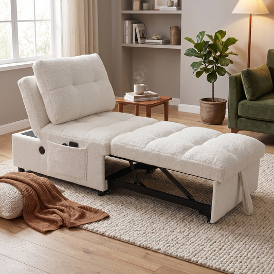 Single Sofa Bed Without Armrests, Soft Teddy Fabric Texture, Skin-friendly, Built-in USB Charging Port, Side Storage Pocket, Adjustable Backrest, Suitable For Small Apartment Living Rooms Or Studies