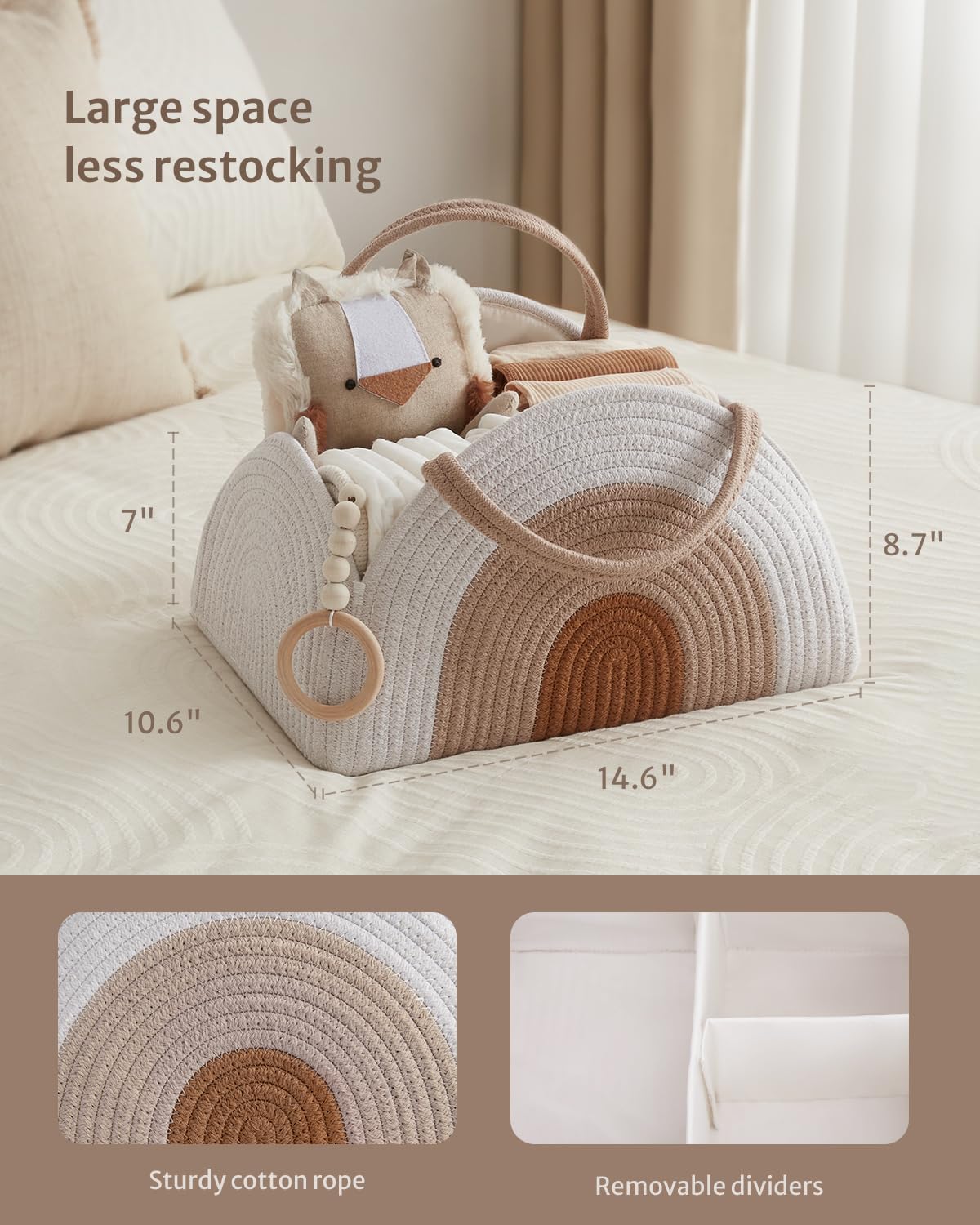 Baby Diaper Caddy Organizer, Cotton Rope Diaper Caddy Basket, Large Storage Basket 37x27x22cm For Newborn Boys And Girls, Gift For Baby Shower List, Newborn Essentials, Earthy Rainbow