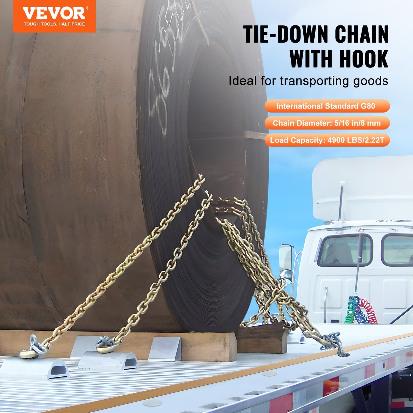 G80 Transport Binder Chain, 5/16" X 14.2' Tow Chain With Clevis Grab Hooks, 4900 Lbs Safe Working Load, Heavy Duty Trailer Logging Chain For Transporting Towing Truck Tie Down Binding Equipment
