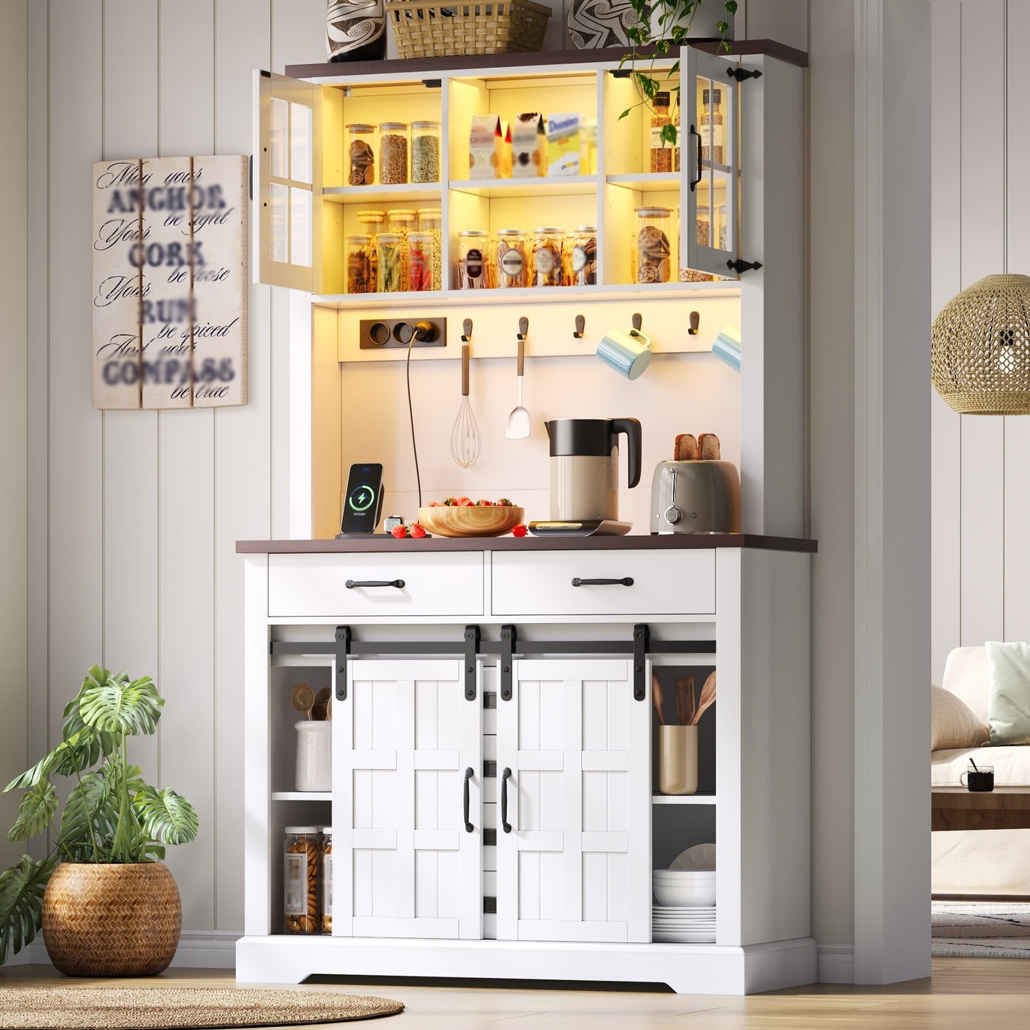 Kitchen Cabinet, Buffet Cabinet, Sideboard With Socket And LED Lighting, Kitchen Furniture With Worktop, 6 Drawers, Adjustable Shelves, Hooks, 180 X108 X40 Cm, White