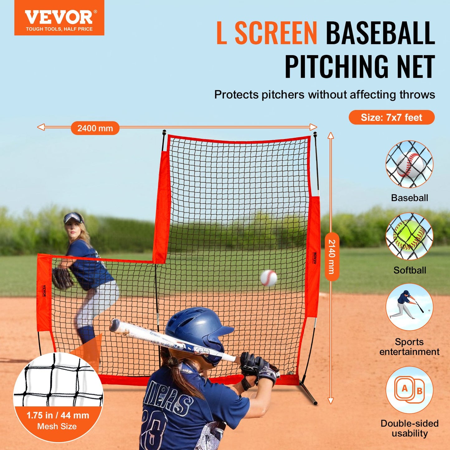 L Screen Baseball For Batting Cage, 7x7 Ft Baseball & Softball Safety Screen, Body Protector Portable Batting Screen With Carry Bag & Ground Stakes, Baseball Pitching Net For Pitchers Protection