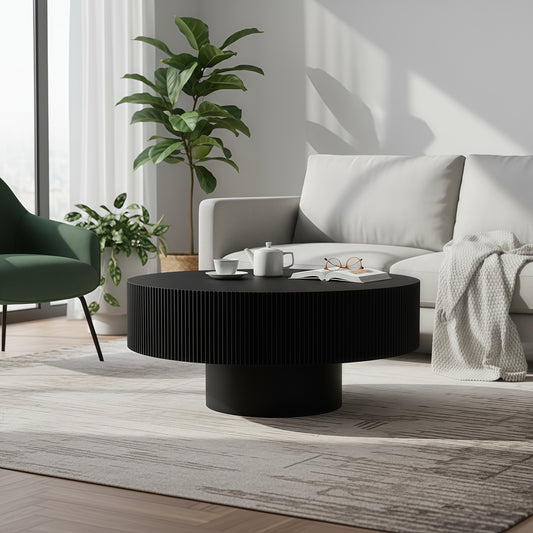 Round Coffee Table, Fluted Coffee Table With Sturdy Pedestal, Mid Century Modern Coffee Table For Living Room, Bedroom, Terrace, Office, Small Space  Black Round Thick