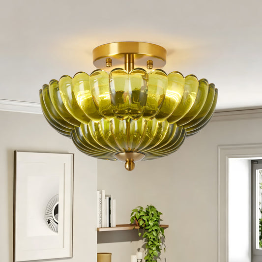 11.8 inch Kitchen Ceiling Light, 3-Light Semi Flush Mount Ceiling Lamp with Flower Glass, Vintage Close to Ceiling Light Fixtures for Bathroom Bedroom Hallway Entryway, Green