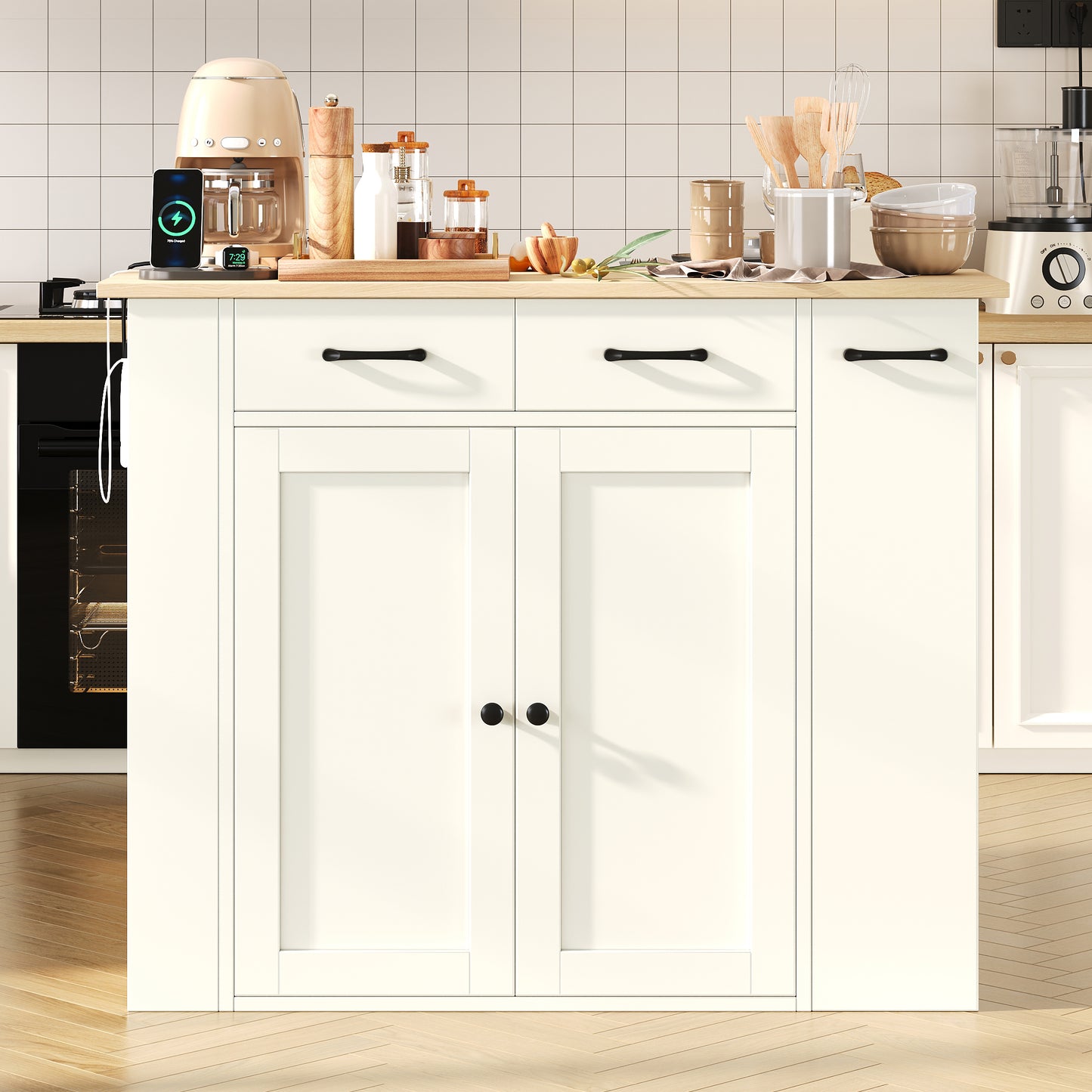 Pull-out Dining Area Kitchen Island With Adjustable Shelves And Drawers, Kitchen Island With Power Strips And Two Chairs, Ideal For Kitchen And Dining Room White