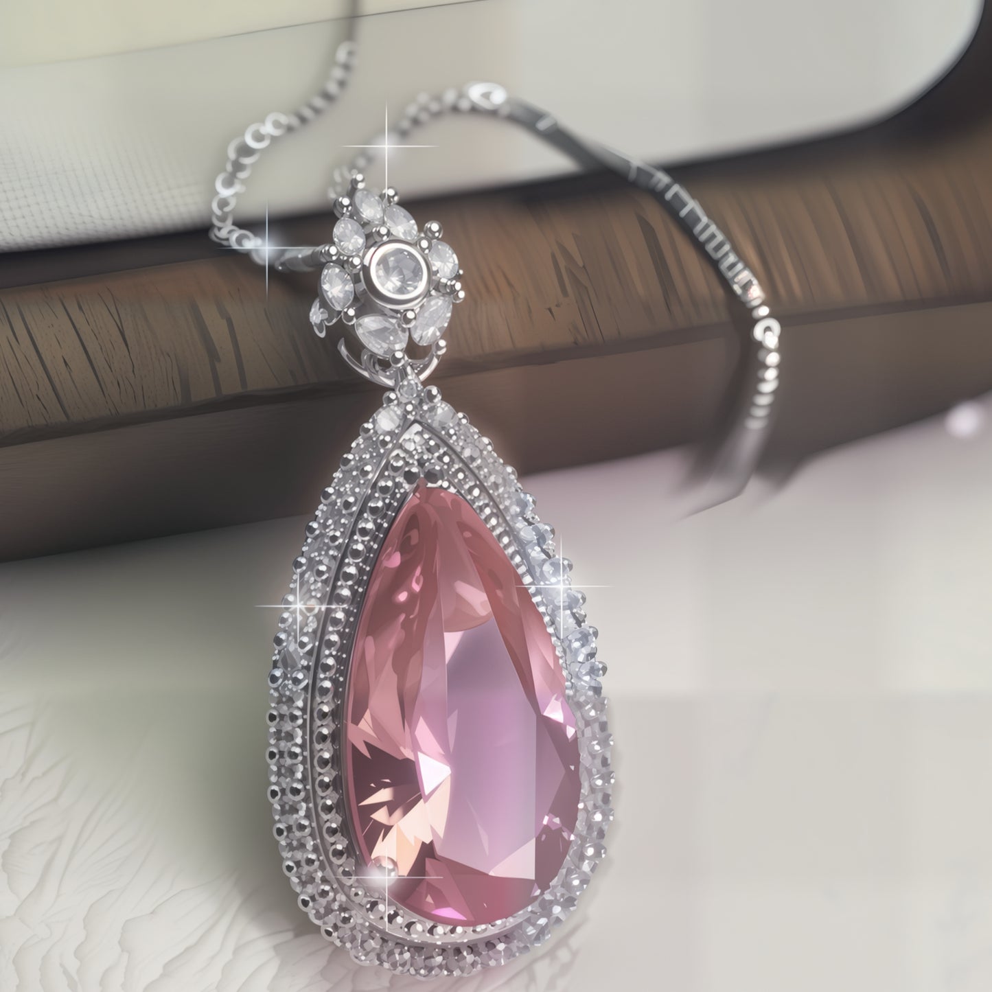 Luxury Pear Shape Pink Morganite Drop Necklace, Silver Plated CZ Halo Pendant For Anniversary & Formal Party Gifts