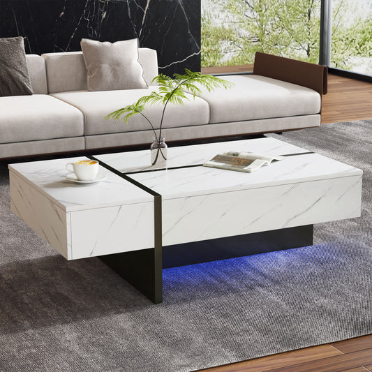 WF323711WAA Modern White Coffee Table With LED Lighting, Marble Pattern, High-gloss Tabletop  Irregular Design Coffee Table, Sideboard For Living Room
