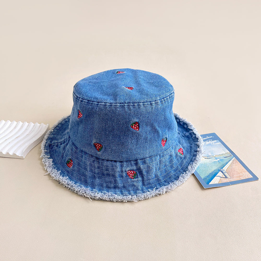 Retro Washed-edge Denim Fisherman Hat With Embroidered Strawberry Flowers And Washed-edge Trim. Outdoor Casual Sun Hat