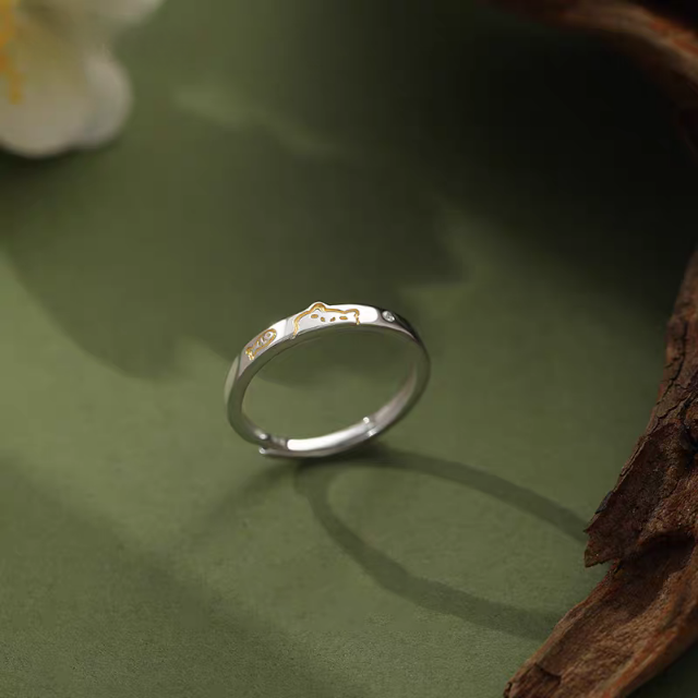 1 Pair 999 Sterling Silver Cat & Dog Couple Rings, Cute Two-Tone Design, Suitable For Daily Wear & Valentine's Gifts