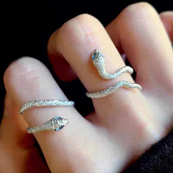 1 Pair 999 Sterling Silver Blue-Eyed Snake Couple Rings, Sparkly Textured Style, For Daily Wear & Valentine's Gifts