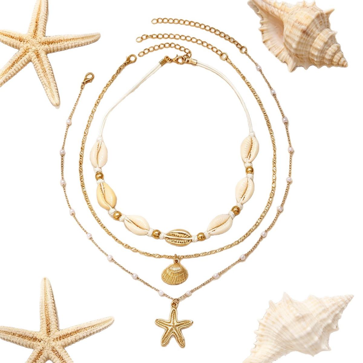 Cross-border European American Multi-layer Jewelry Set, Ocean Beach Style Clavicle Necklace With Shell & Starfish Pendant, In Stock Seaside Women Neck Accessories