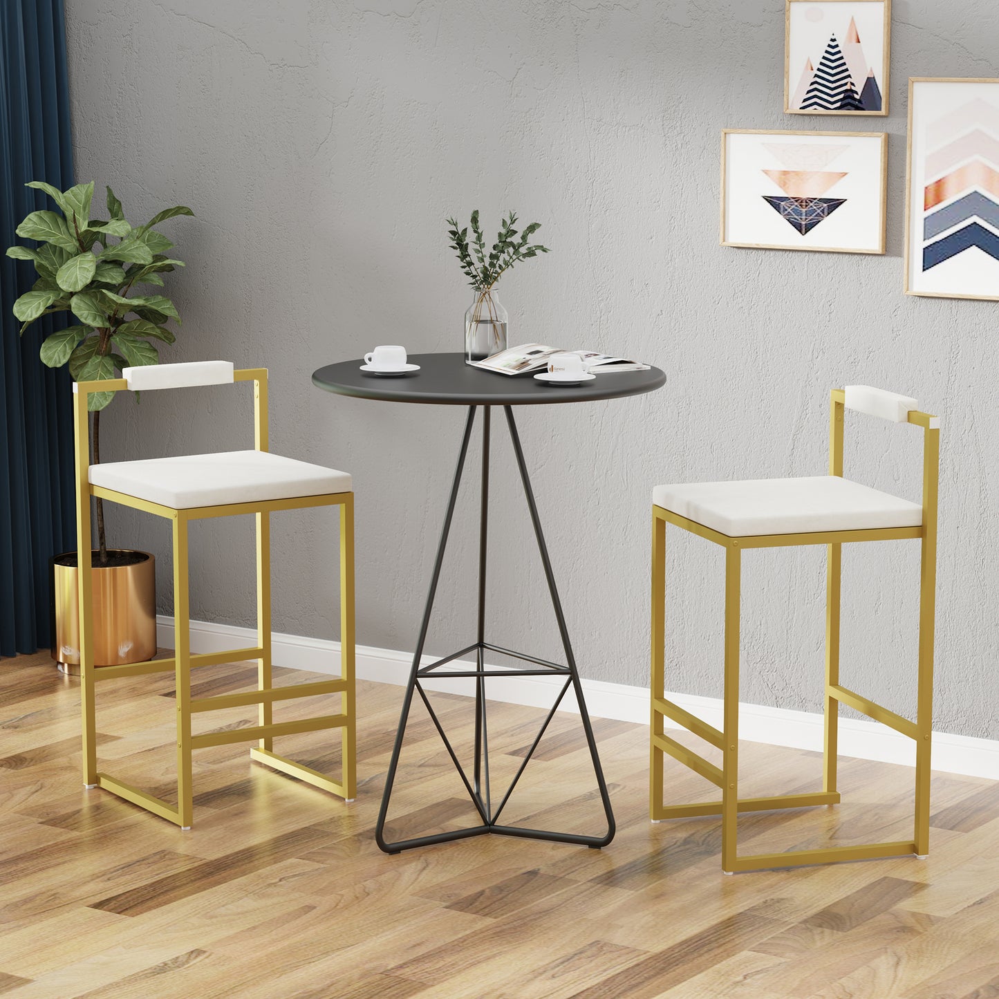 Upholstered Velvet Bar Stools Set Of 2 Modern Kitchen Counter Height Barstools Indoor Dining Chairs  Gold & Creamy White