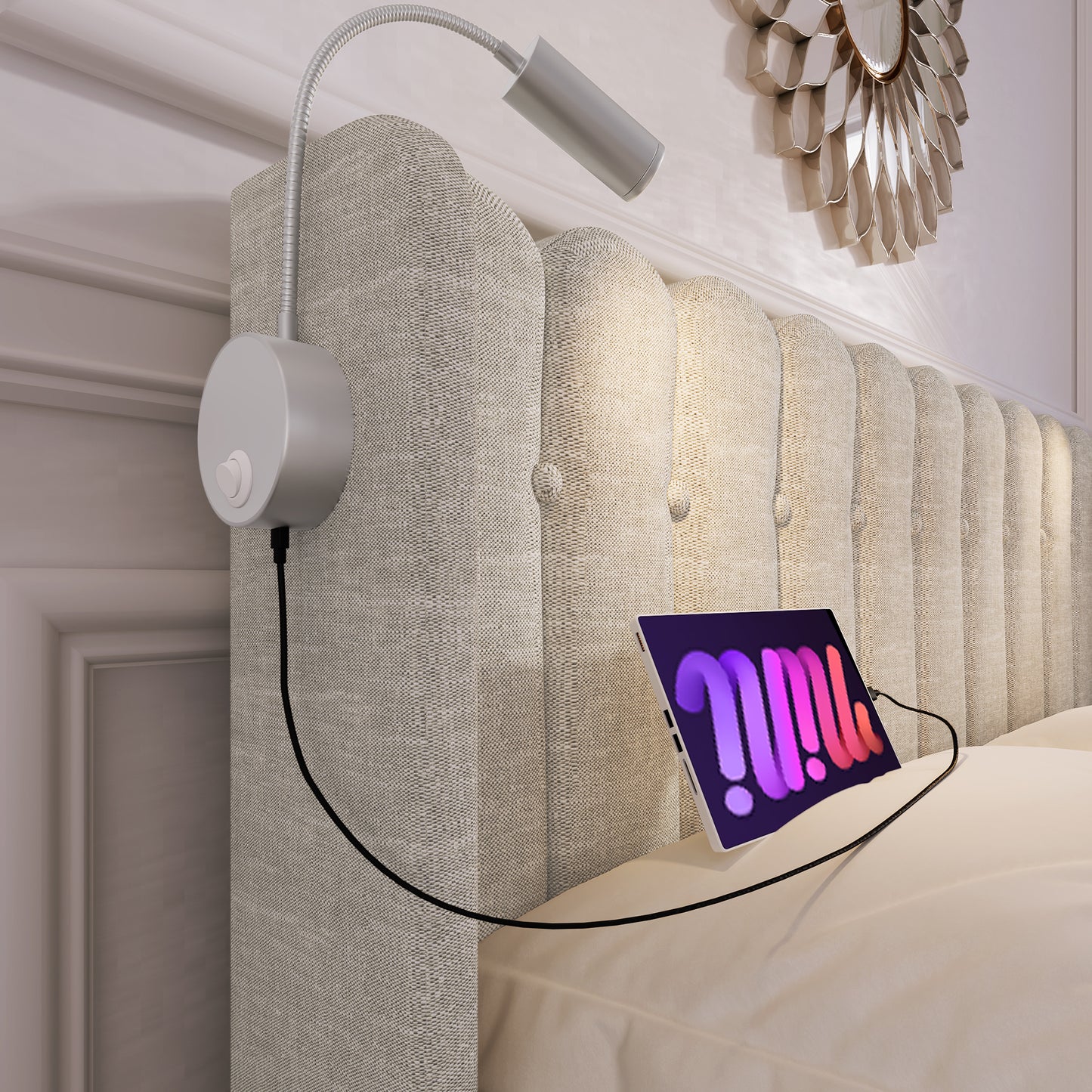 Upholstered Bed Double Bed Reading Light With Charging Function Head Part Storage Bed Frame Linen Material Youth Bed 140x200 With Slate Rust,Natural With Mattress