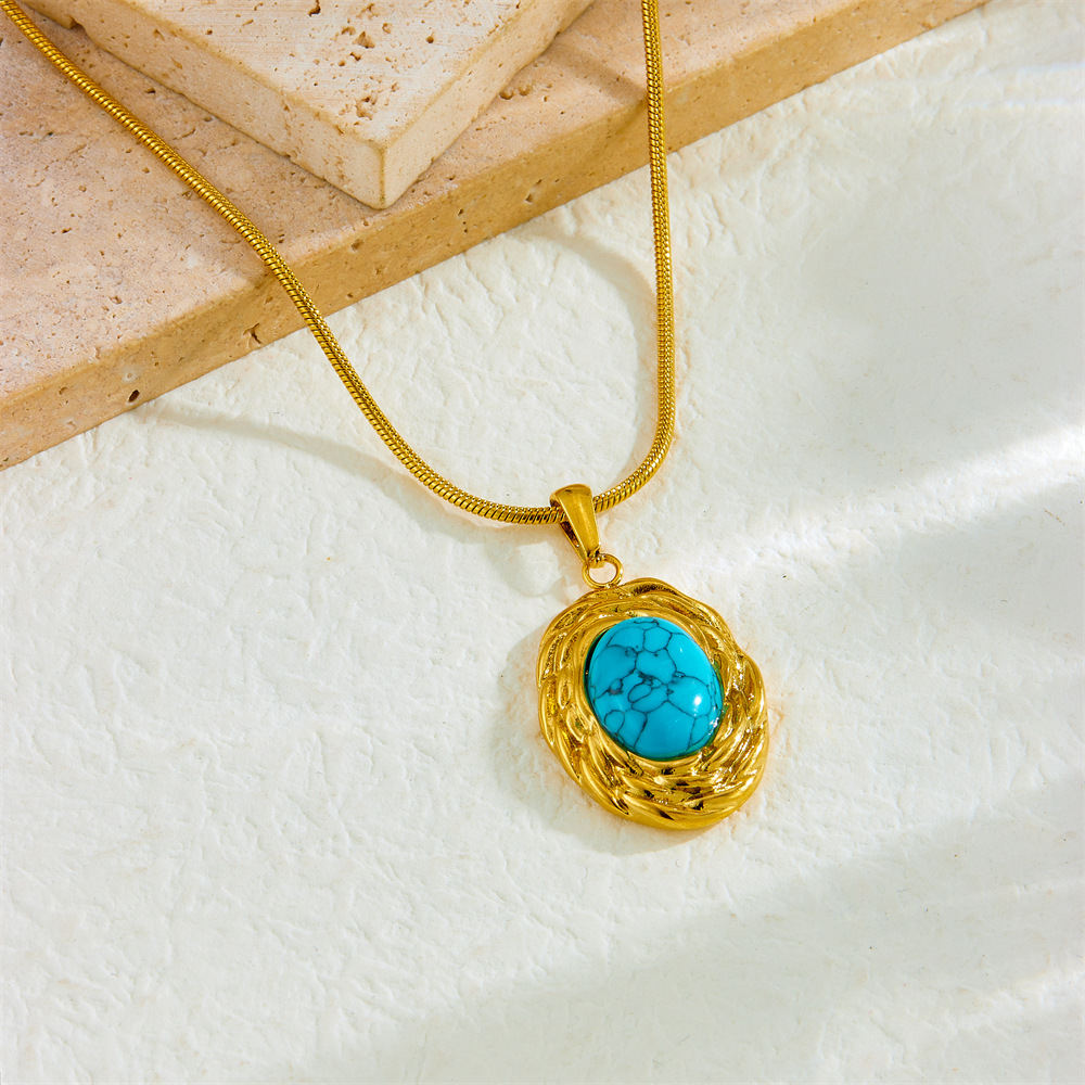 French Style Retro Design Twist Oval Turquoise Accessories Ring Earrings And Necklace Set