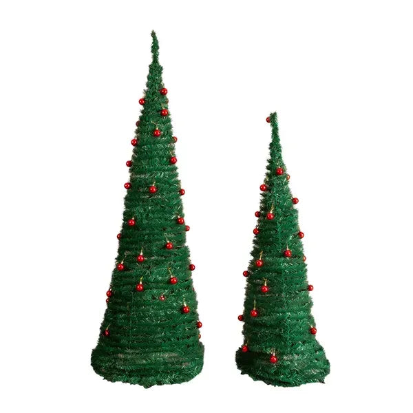 2 Pack, 6FT 5FT Artificial Pop Up Christmas Tree With Red Ball Ornaments For For Home Office Store Holiday Deco, Green