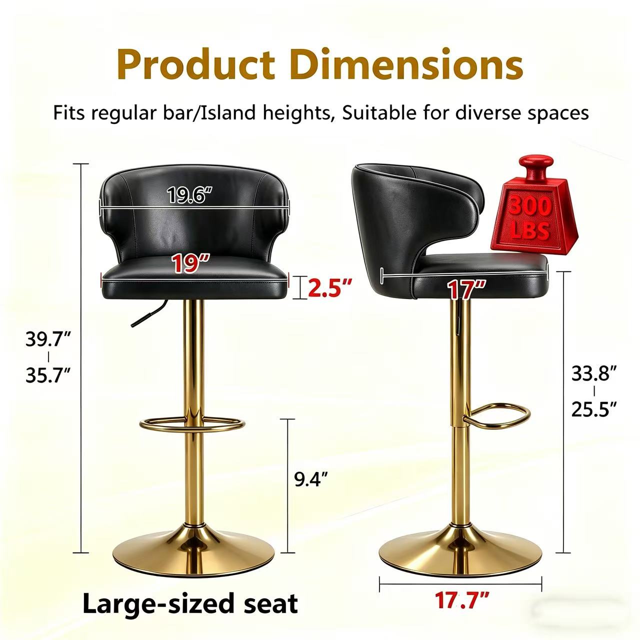Modern Rotating Adjustable Bar Chair, PU Leather Belt Backrest Swivel Chair, Suitable For Kitchen Bar Counter And Dining Room, Adjustable Height, Capable Of Bearing 300 Pounds  Black -4 Pieces