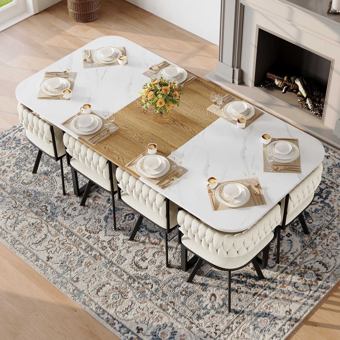 9-Piece Square Dining Table Set, Fixed White Faux Marble & Wood Grain Triamine Tabletop With 8 Beige Velvet Chairs, Modern Kitchen Table Set For 8 People, Ideal For Family Gatherings, Dining Room