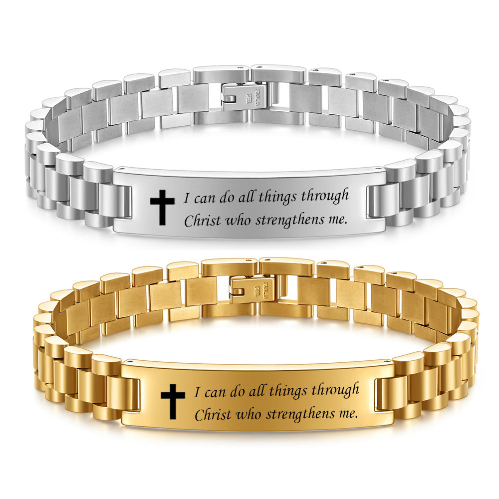 Europe And The United States Cross-border New 10MM Cross Lettering Watch Chain Men's Stainless Steel Bracelet Scripture Bending Bracelet Wholesale