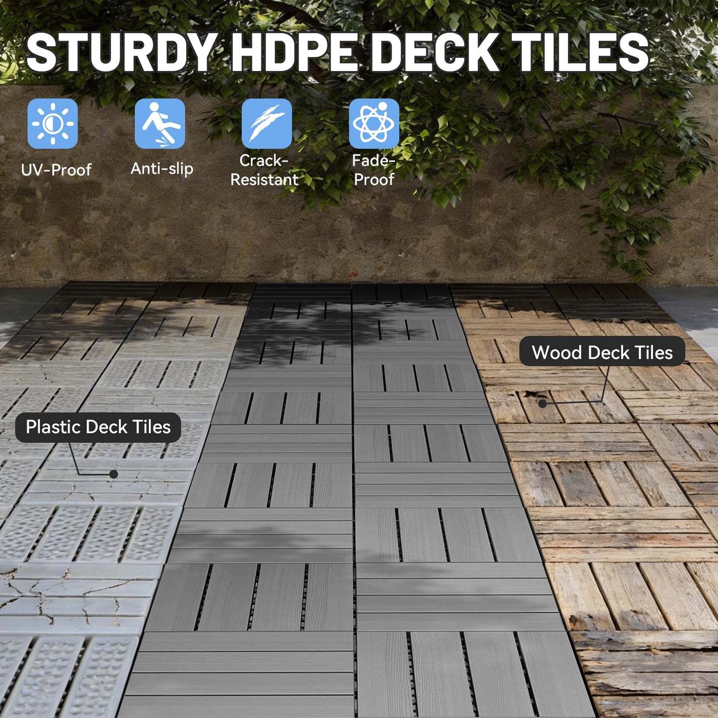 44 Pcs Interlocking Deck Tiles, 12   X 12   HDPE Outdoor Flooring, Patio Flooring Outdoor Waterproof, Deck Tiles Outdoor Waterproof For Deck Garden Poolside, All Weather Use -Dark Grey