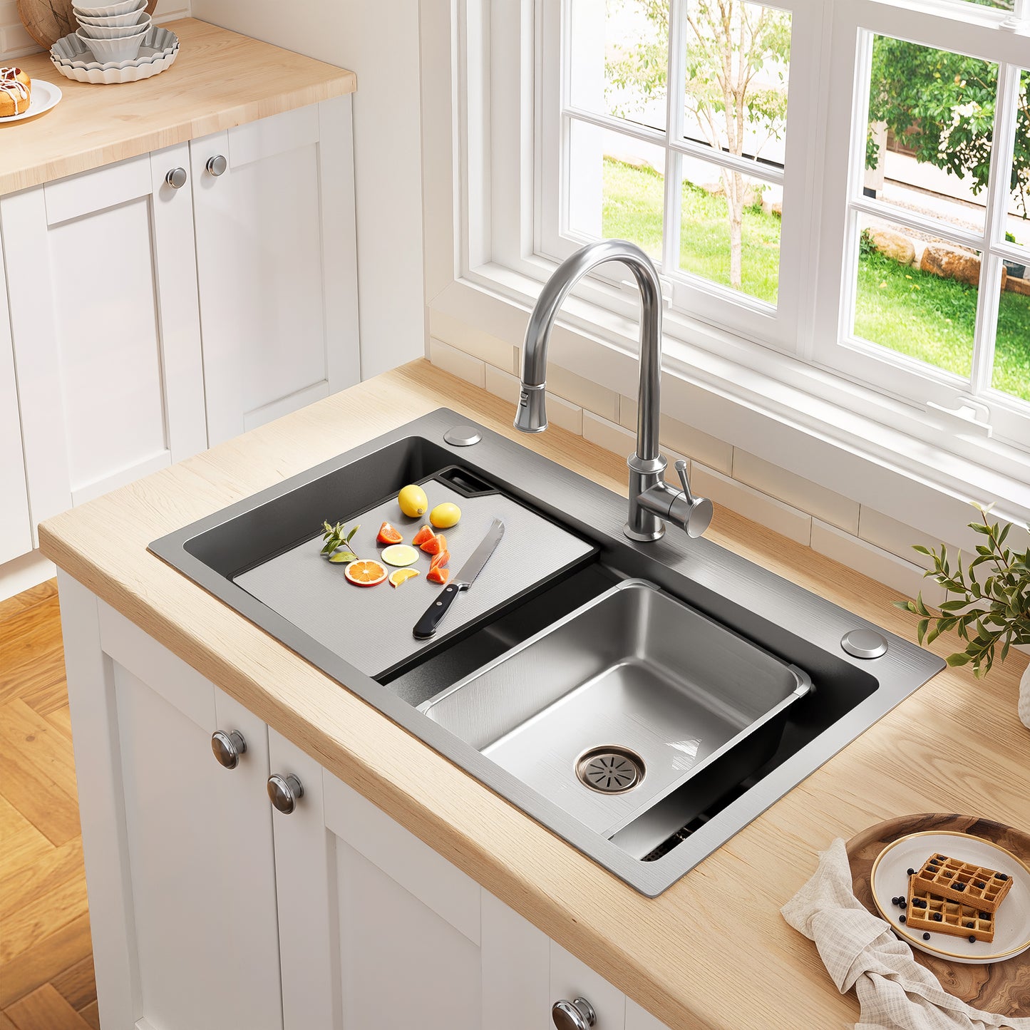 75x45cm Stainless Steel Inset Sink With Cutting Board,Additional Inner Basin And Strainer Basket,PVD Coated Kitchen Sink,Waterfall Drain,Low Noise Construction And 3 Faucet Holes