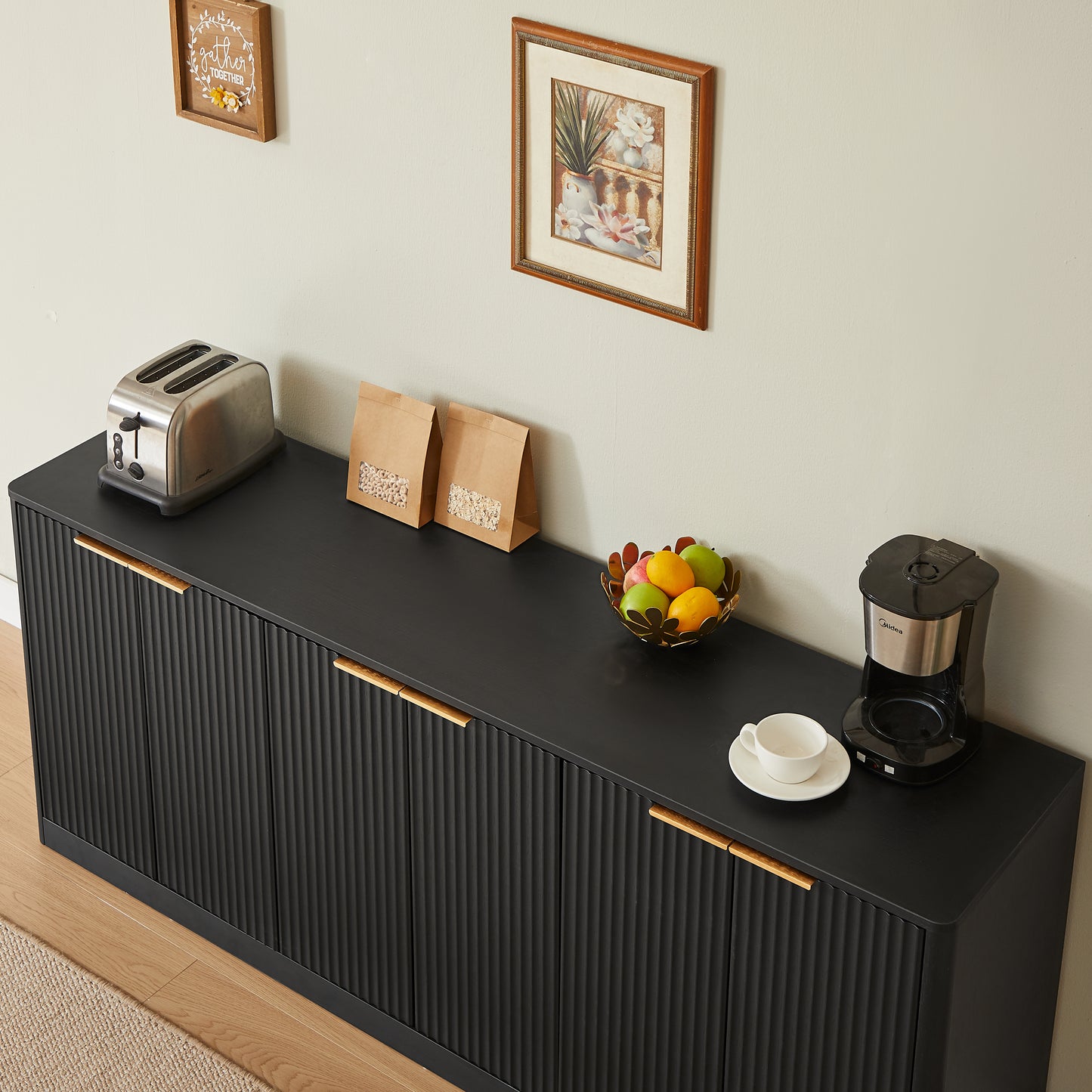 170cm Modern Sideboard With Wave Shape,Storage Cabinet With Curved Contour Design,6 Door Cabinet With Storage Function,Suitable For Kitchen Bedroom Living Room,Black,170x 40x70.5cm