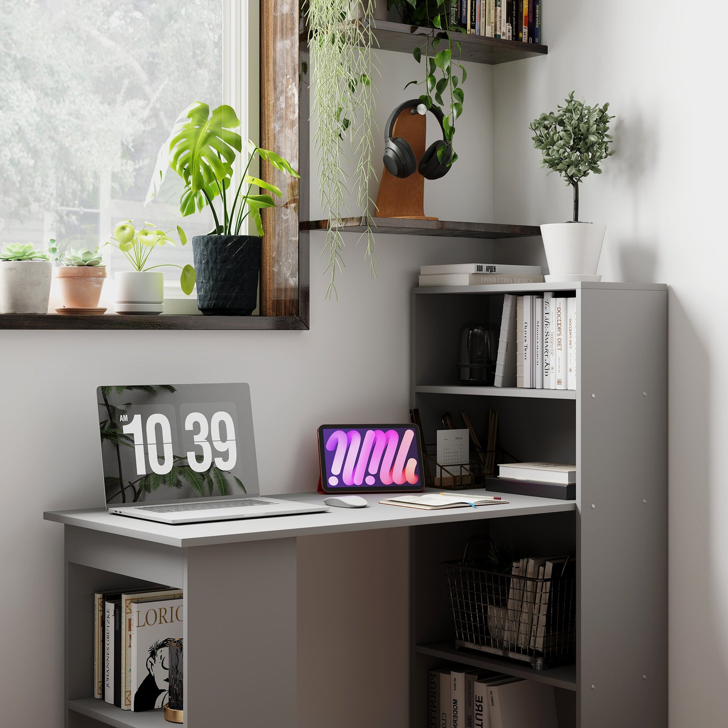 Compact Computer Desk with 6-Tier Storage Shelves, Writing Table Workstation with Bookshelf for Home Office, Gray
