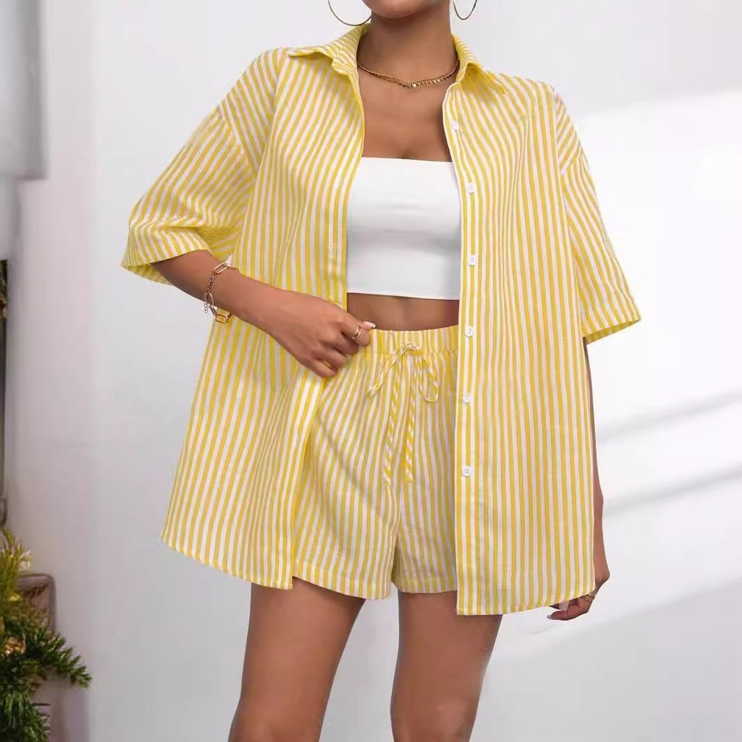 New Fashion Outfit, Spring & Summer Lapel Striped Shirt & Shorts 2-Piece Set For Women