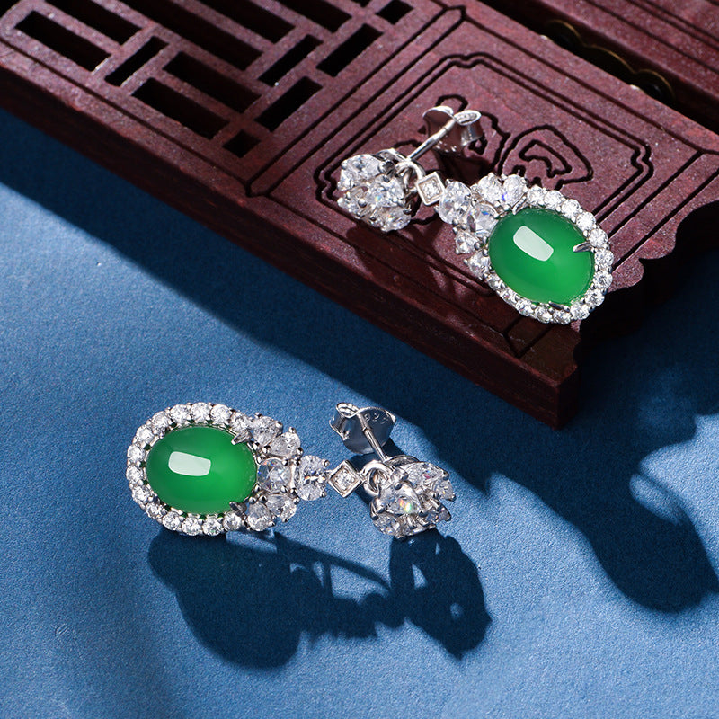 S925 Sterling Silver Dangle Earrings 10x8mm Oval Green Chrysoprase, Platinum Plated Elegant Drop Earrings For Women With Fashion Gift Box