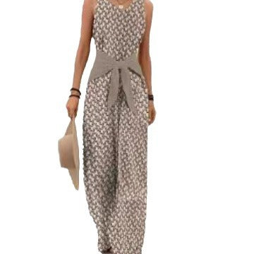Womens Best-selling Waist-cinching Adjustable-lace-up Printed Jumpsuit