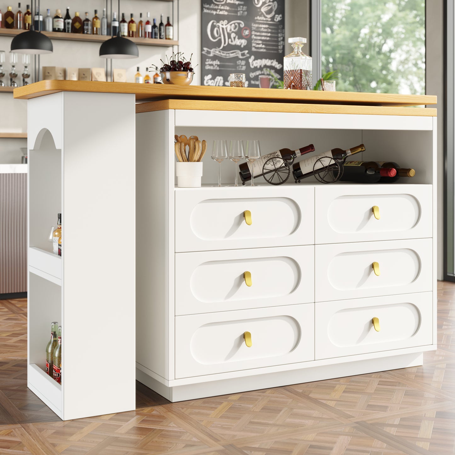 High Quality Extendable Bar Table With 360 Swivel Function And Storage Space, Length Adjustable From 138-203cm, Modern Rolling Bar Table With Drawers For Kitchen, Living Room, Dining Room, Home Offic
