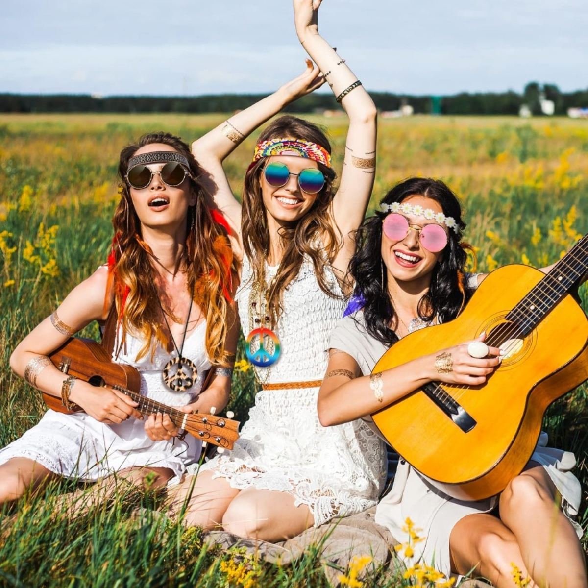 Hippie Costume Set,9 Pieces: 60s And 70s Retro Accessories,Including A Peace Sign Necklace,Boho Daisy Headband,and Hippie Vintage Glasses—Perfect For Theme Parties, The Beach,Travel,and Photography