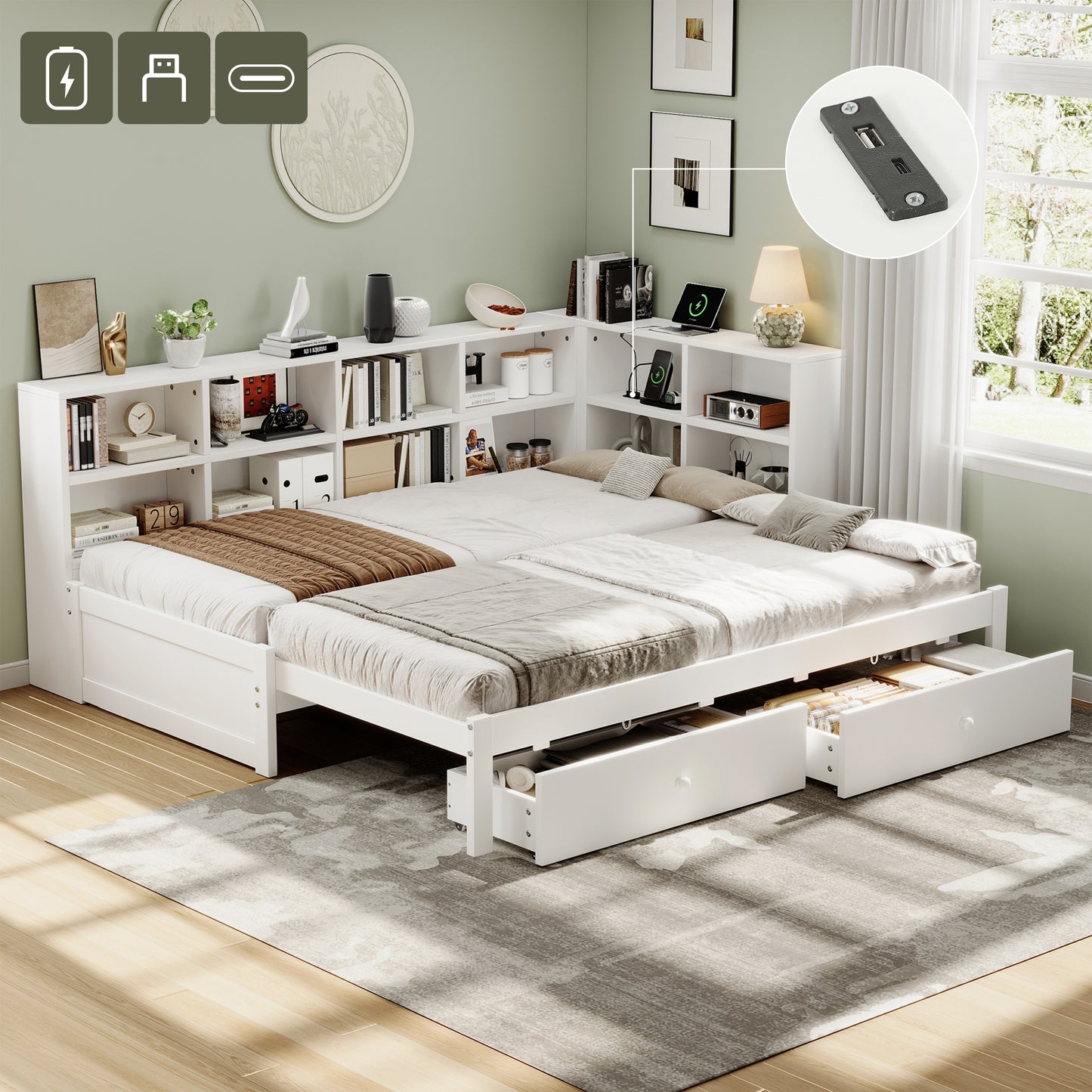 3ft Single Daybed With Two Storage Drawers And Beside Storage, Modern Pull-out Trundle Bed With Charging Station, Wood Bed For Living Room   Bedroom   Study Room, 90X190cm, White   No Mattress