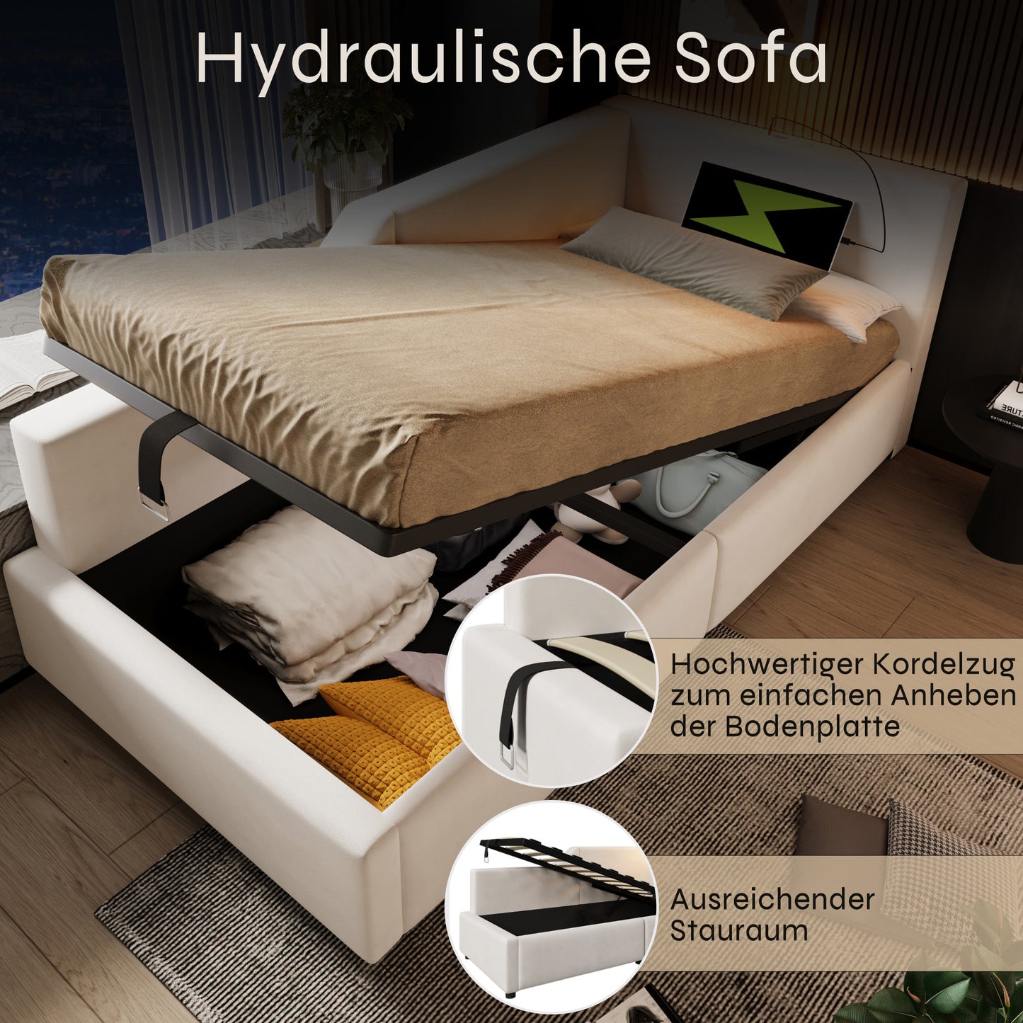 Upholstered Bed Daybed Daybed 90x190cm, Sofa Bed With Hydraulic Storage Space, Reading Light Function And USB-C Charging Function, Children's Bed Bed Frame With Slatted Base Made Of Wood, Velvet, Beig