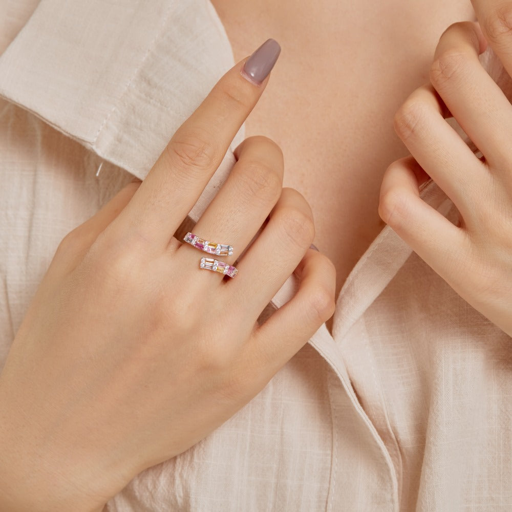Women's Korean-style INS-style S925 Sterling Silver Open Ring Symmetrical Color Zirconium Inlaid