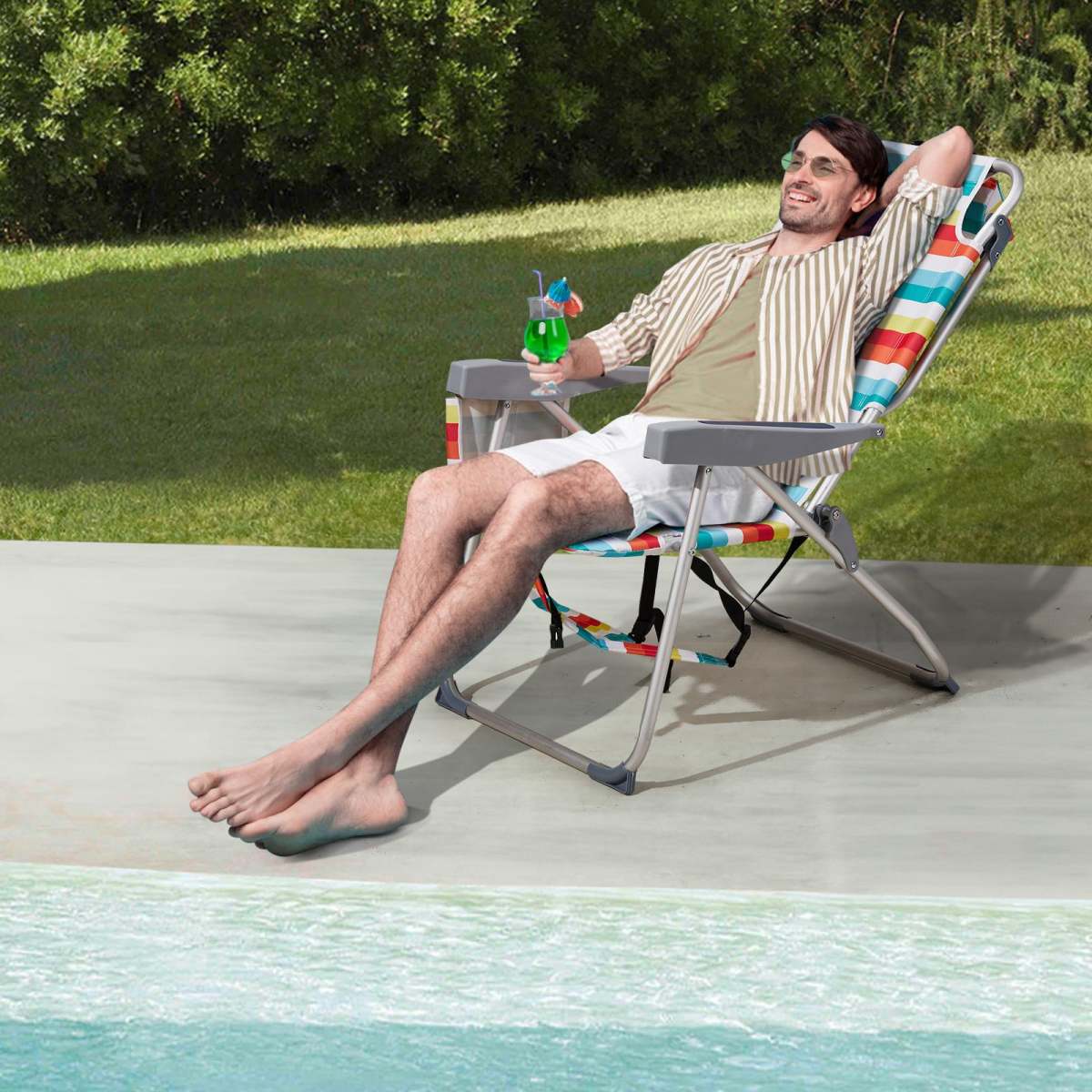 Adjustable Rainbow-Striped Backpack Beach Chair  Portable Folding Lounger With Side Storage Pocket And Pillow  Outdoor Beach, Camping, And Leisure Chair