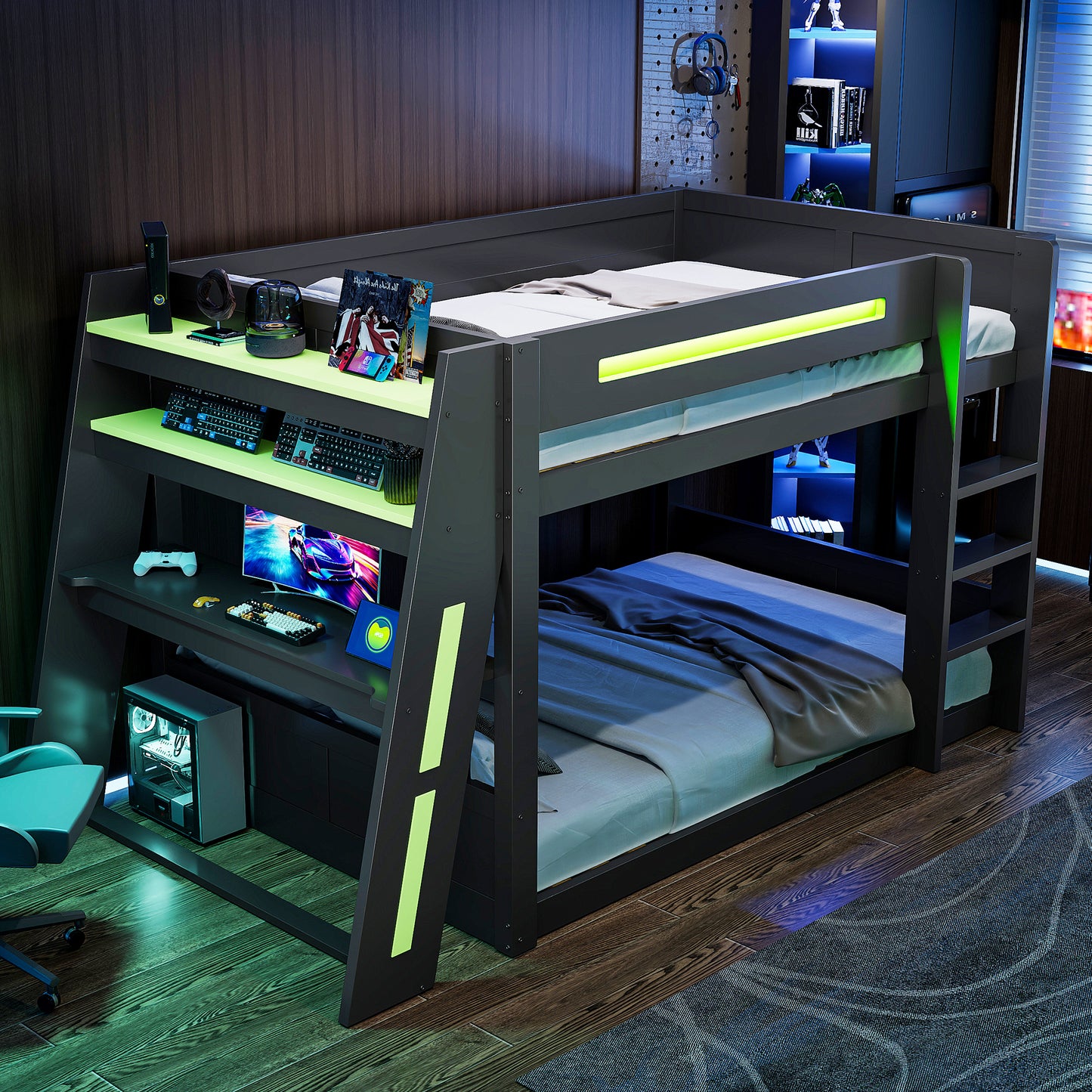 140x200 Cm Wooden Gaming Bunk Bed With Desk, Two Storage Compartments, USB Port And LED Lighting, Black Green