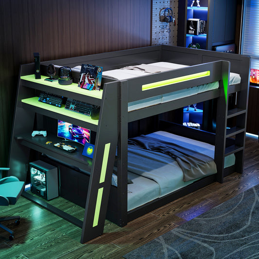 140x200 Cm Wooden Gaming Bunk Bed With Desk, Two Storage Compartments, USB Port And LED Lighting, Black Green