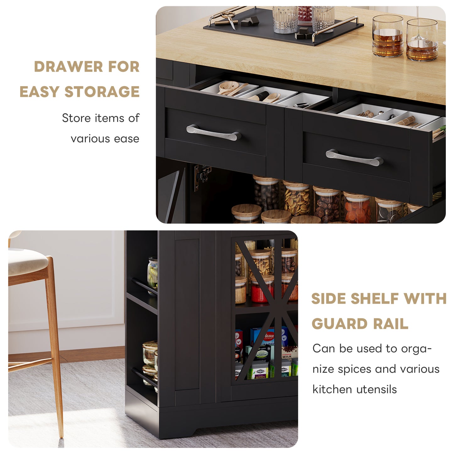 Kitchen Island On Wheels, With Foldable Tabletop, AC Socket, USB Port, Glass Door, Adjustable Shelves Suitble For Kitchen, Dining Room, Living Room,120x65x92