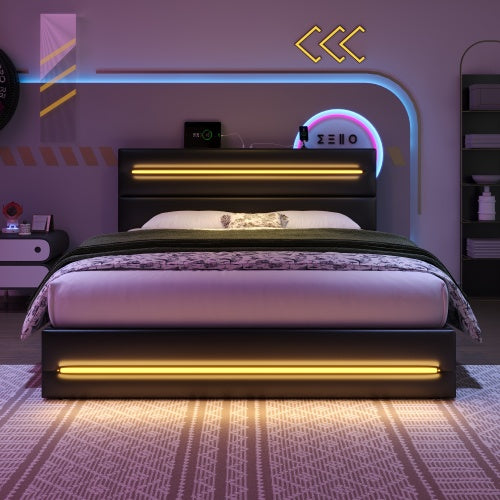 4ft6 Double Upholstered Bed Frame With Hydraulic Storage, PU Ottoman Bed With LED Lighting And Charging Station, LED Adjustable Headboard With USB And Type - C Ports, Black