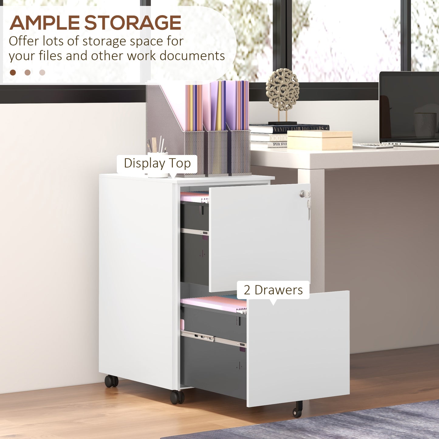 Vinsetto 2-Drawer Vertical Filing Cabinet With Lock And 5 Wheels, Steel Mobile File Cabinet, For A4, Legal And Letter Size, Pre-Assembled Body, White