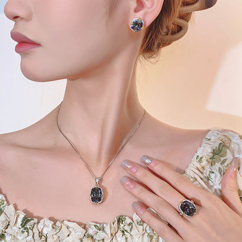 Women Smoky Tone Cubic Zirconia Jewelry Set, 3Pcs Cushion Cut Halo Inlaid Pendant Necklace Stud Earrings Adjustable Ring, European American Cool Tone Premium Accessories
