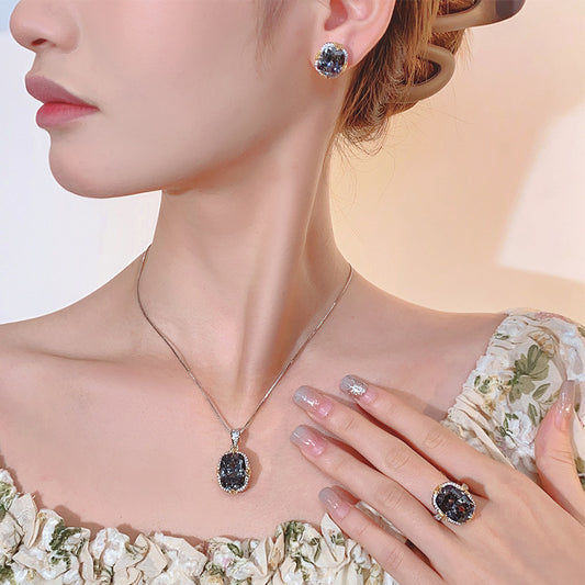 Women Smoky Tone Cubic Zirconia Jewelry Set, 3Pcs Cushion Cut Halo Inlaid Pendant Necklace Stud Earrings Adjustable Ring, European American Cool Tone Premium Accessories