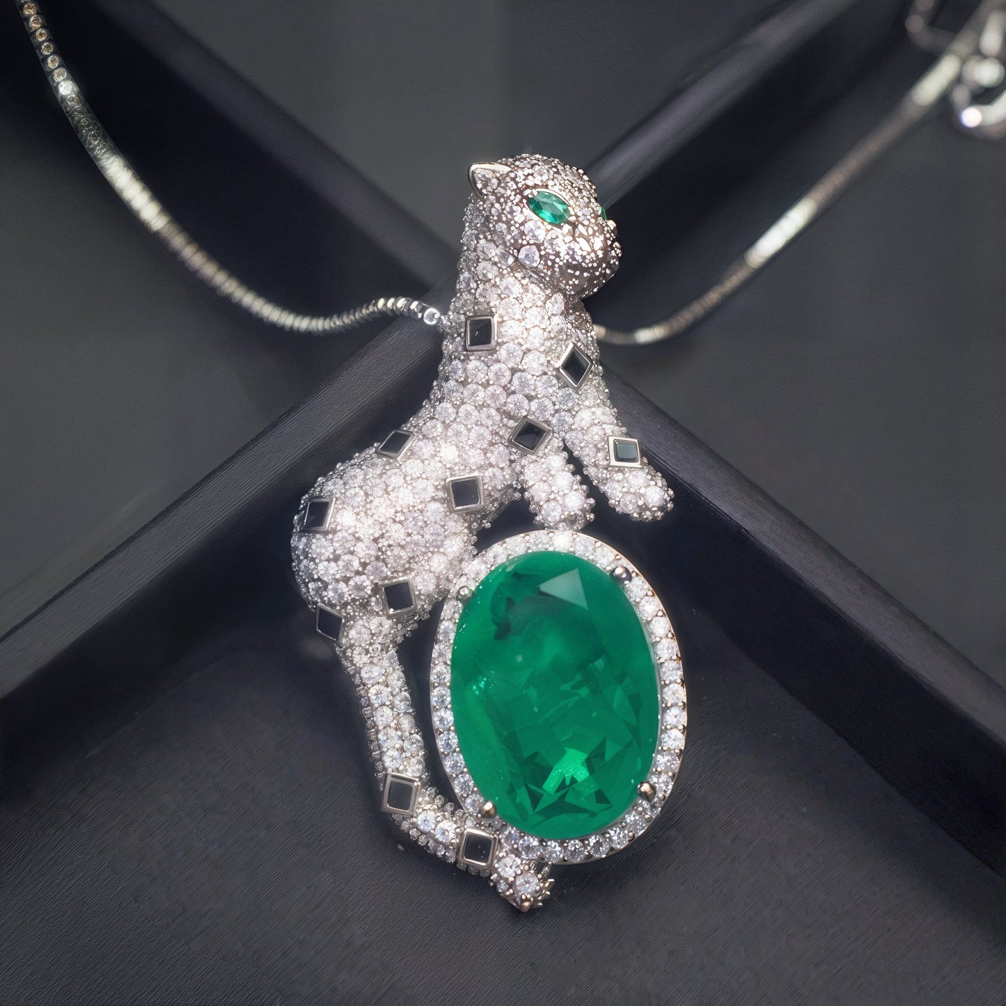 Luxury Leopard Pendant Necklace For Women, Copper Plated Silver Oval Simulated Emerald With White & Black CZ Panther Animal Statement Jewelry Gift